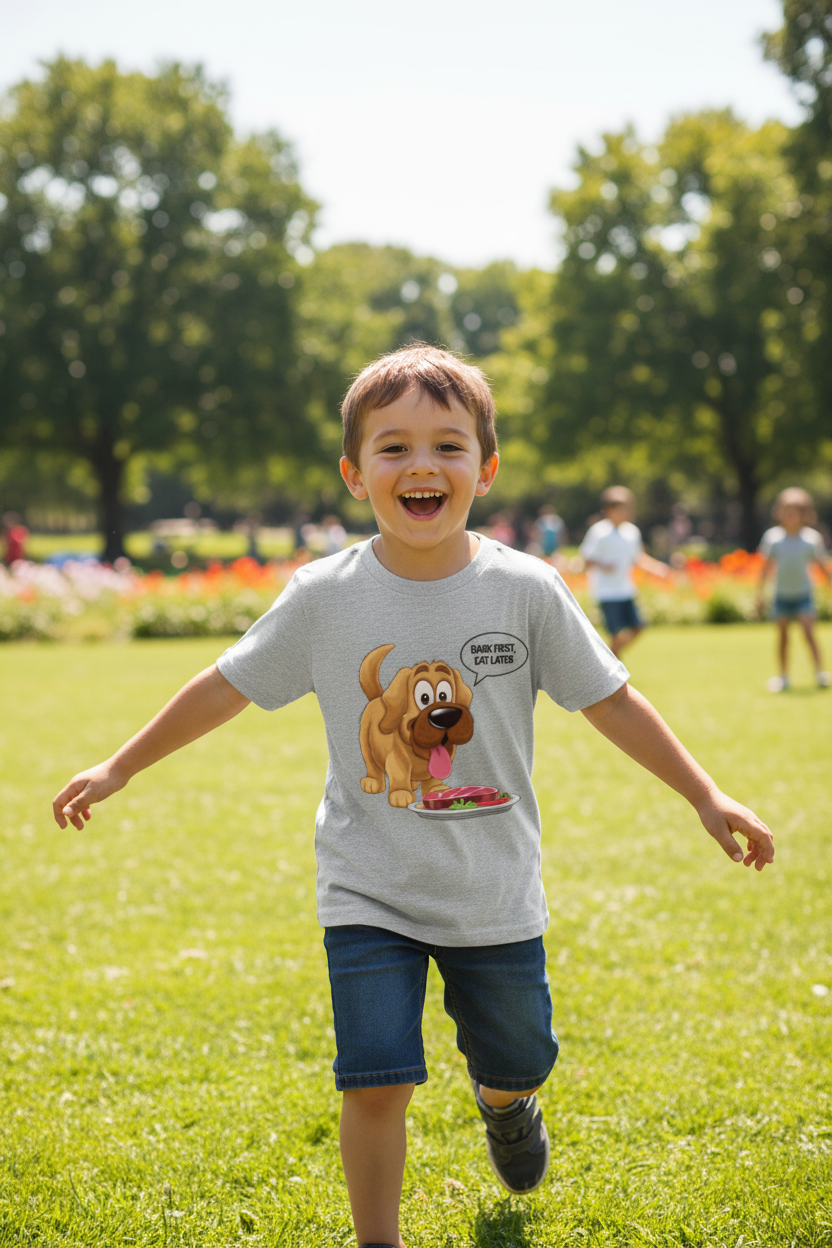 Funny Dog Grafic Printed Kids T-Shirt| Bark First Eat Later| Premium Crew Neck Tee|