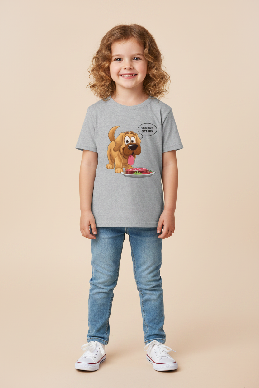 Bark First, Eat Later Kids Graphic T-Shirt | Cute Funny Dog Print | Half Sleeve Cotton Tee