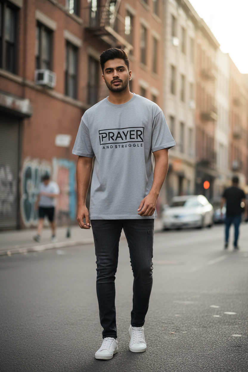 Men's Prayer & Struggle Graphic Cotton Oversized T-Shirt | Motivational Casual Tee