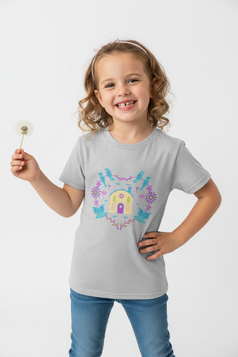 Cute Bird & Floral House Graphic Kids T-Shirt | Soft Cotton Girls Tee