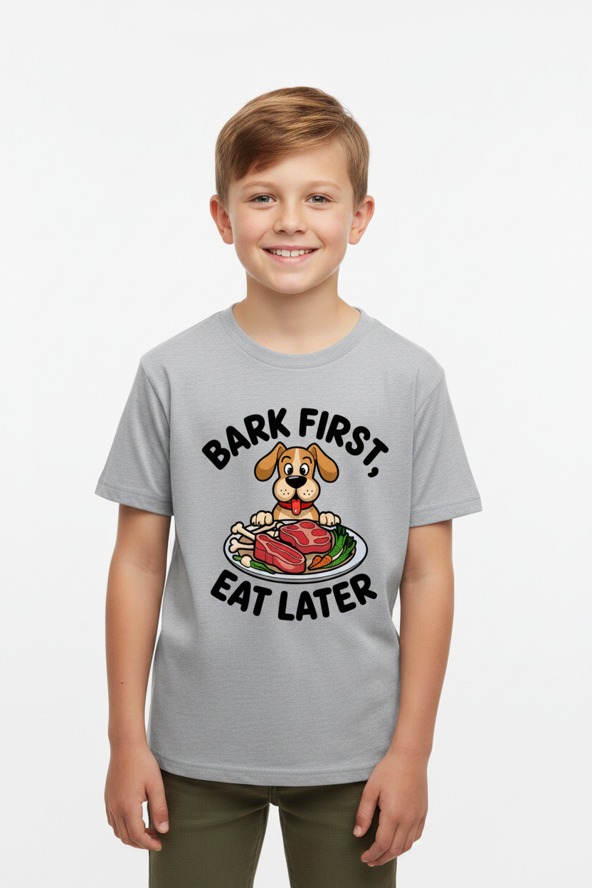 Bark First, Eat Later Kids Graphic T-Shirt | Funny Dog Lover Printed Cotton Tee | Made in India
