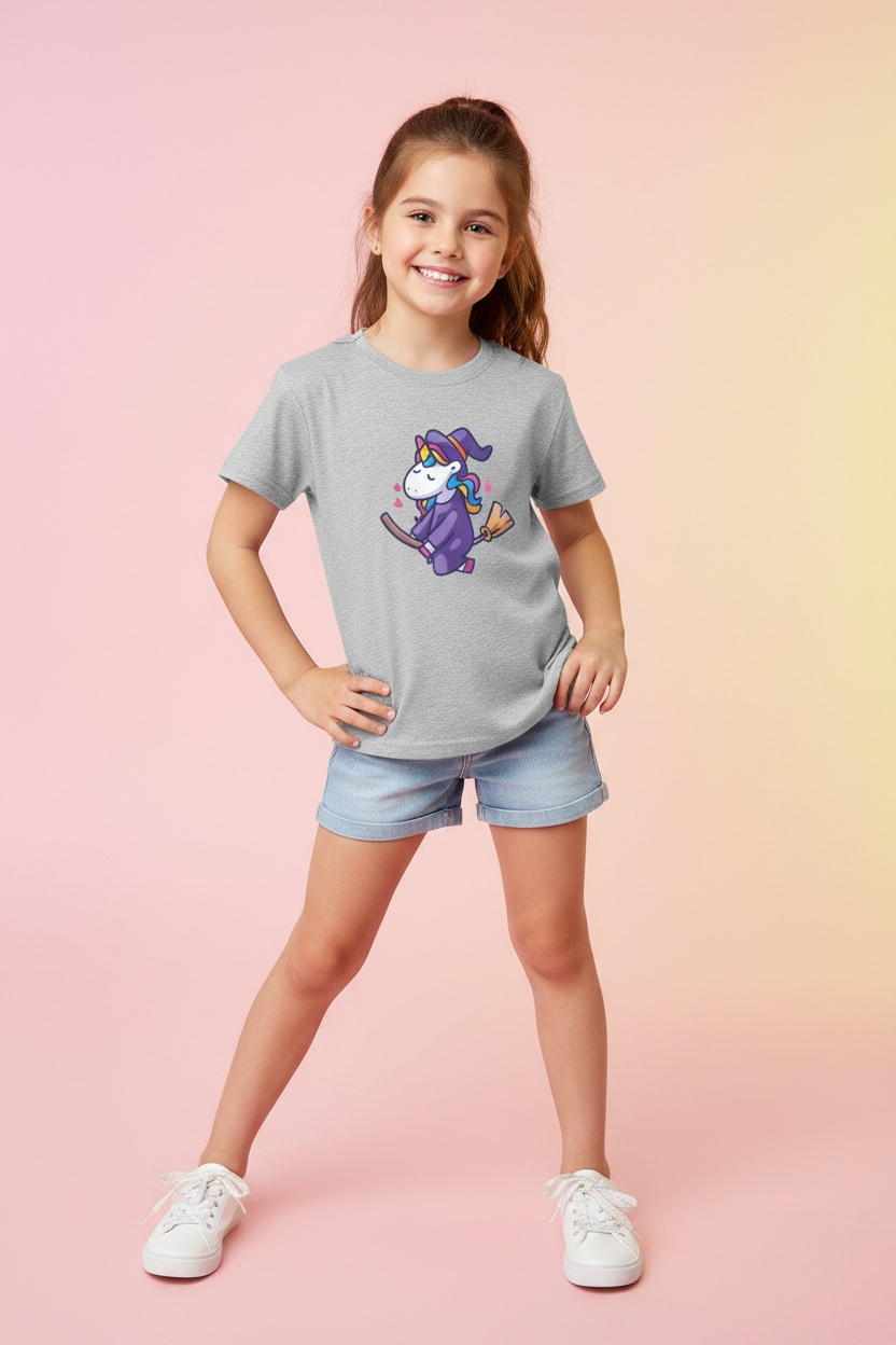 Cute Unicorn Witch Kids Girls Half Sleeve Cotton T-Shirt | Soft & Comfortable | Made in India