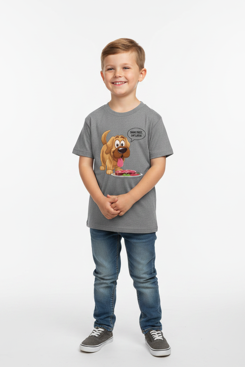 Funny Dog Grafic Printed Kids T-Shirt| Bark First Eat Later| Premium Crew Neck Tee|
