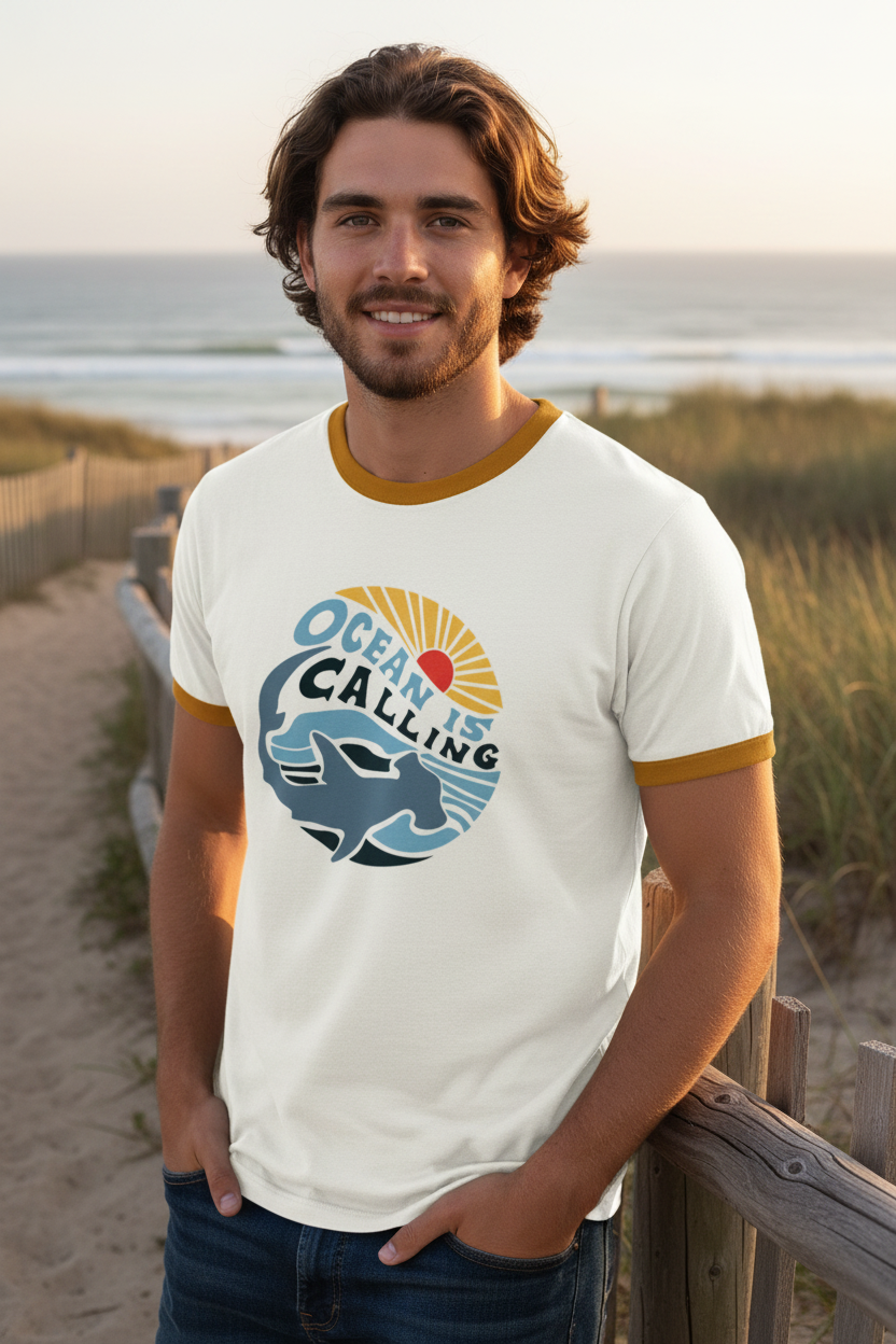Ocean Is Calling Graphic Ringer T-Shirt for Men | Premium Cotton Casual Tee