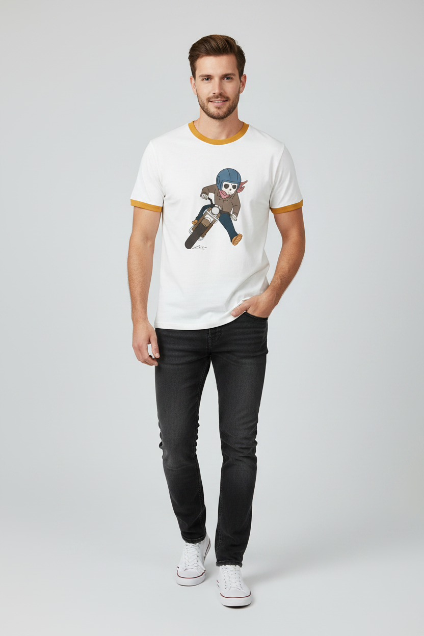 Skeleton Rider T‑Shirt – White Tee with Black Trim