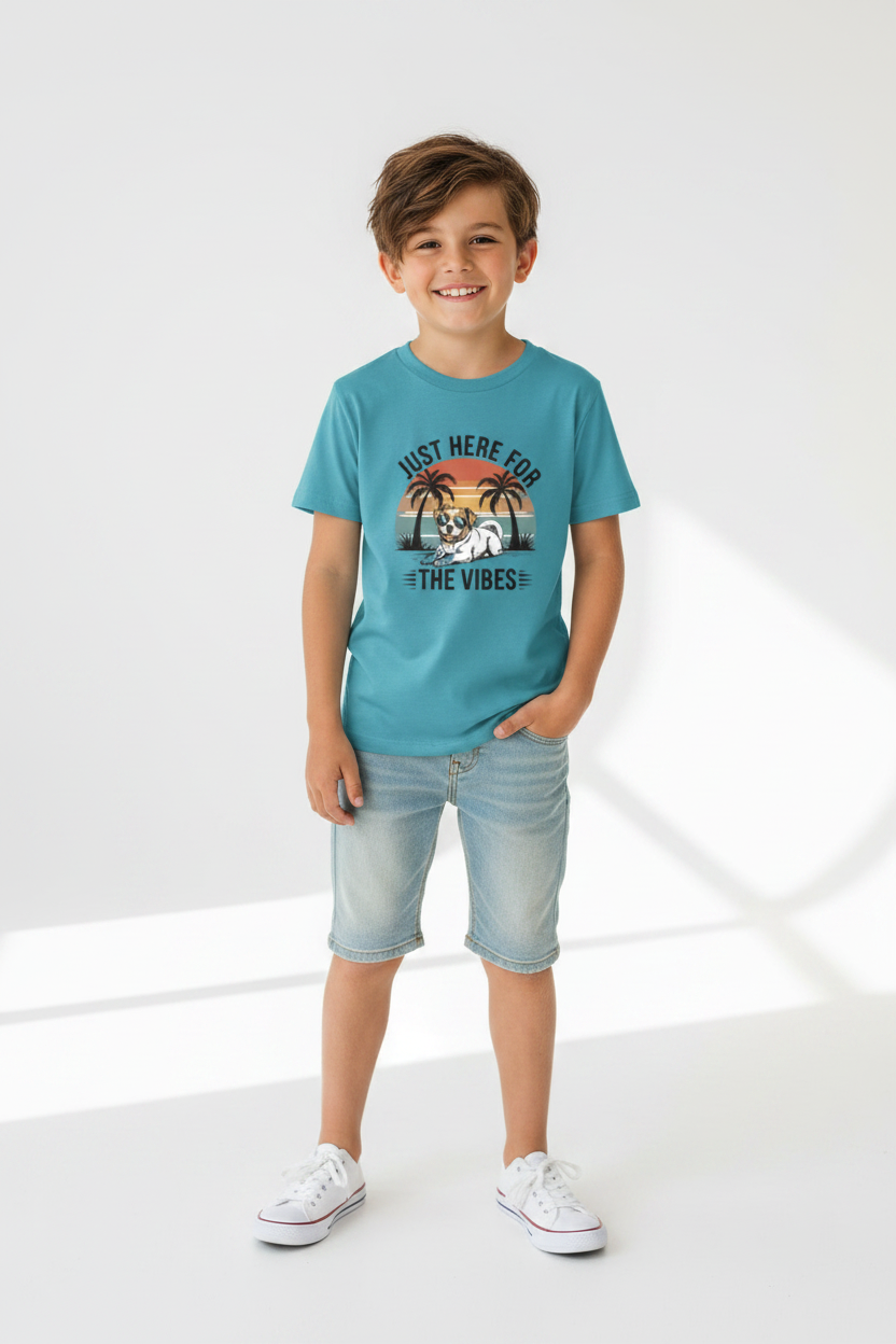 Boys Just Here For The Vibes Dog Graphic Printed Cotton T-Shirt | Premium Soft Crew Neck Tee