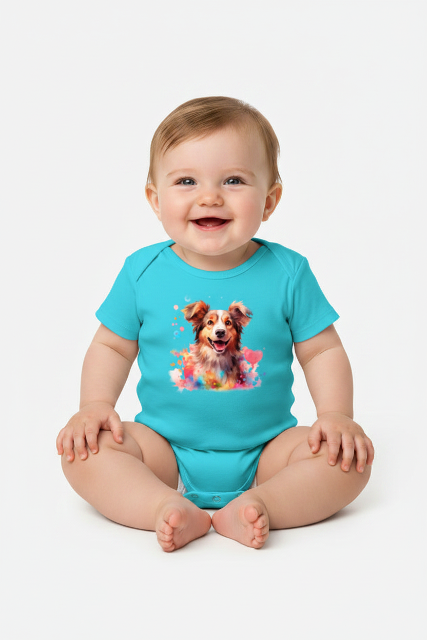 Cute Watercolor Dog Baby Onesie | Soft Cotton Baby Bodysuit | Puppy Print Romper