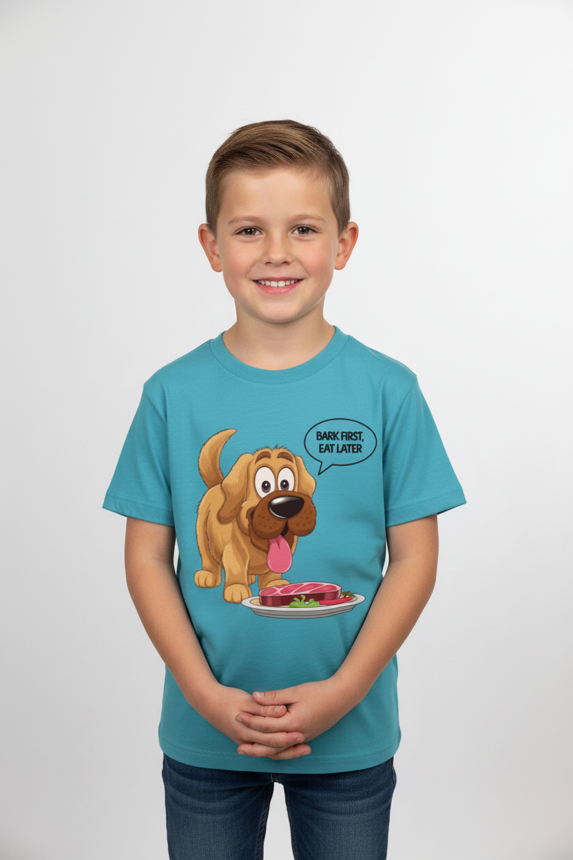 Funny Dog Grafic Printed Kids T-Shirt| Bark First Eat Later| Premium Crew Neck Tee|