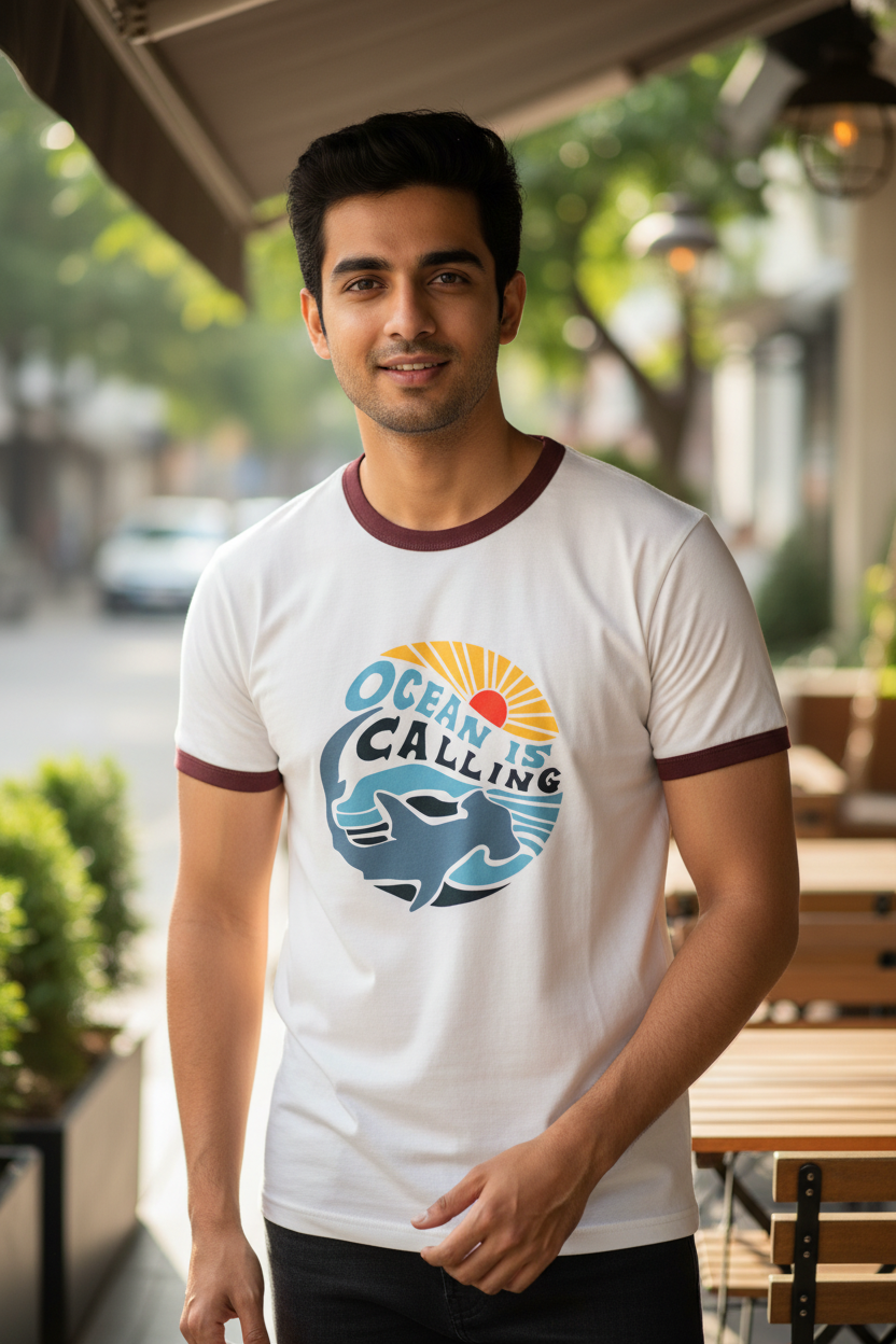 Ocean Is Calling Graphic Ringer T-Shirt for Men | Premium Cotton Casual Tee