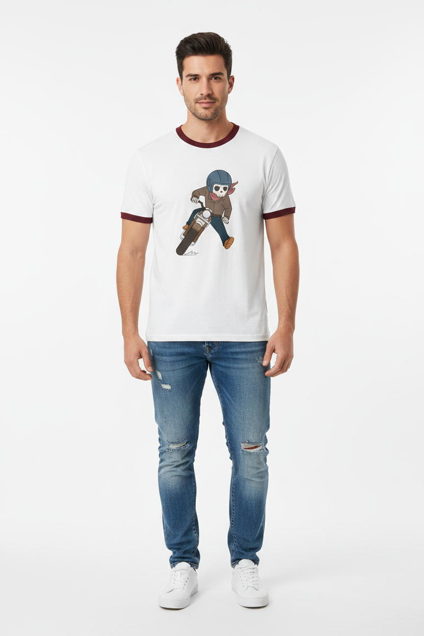 Skeleton Rider T‑Shirt – White Tee with Black Trim