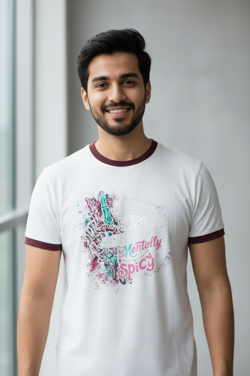 Anti Social Mentally Spicy Graphic Ringer T-Shirt for Men | Premium Cotton | 180 GSM | Made in India