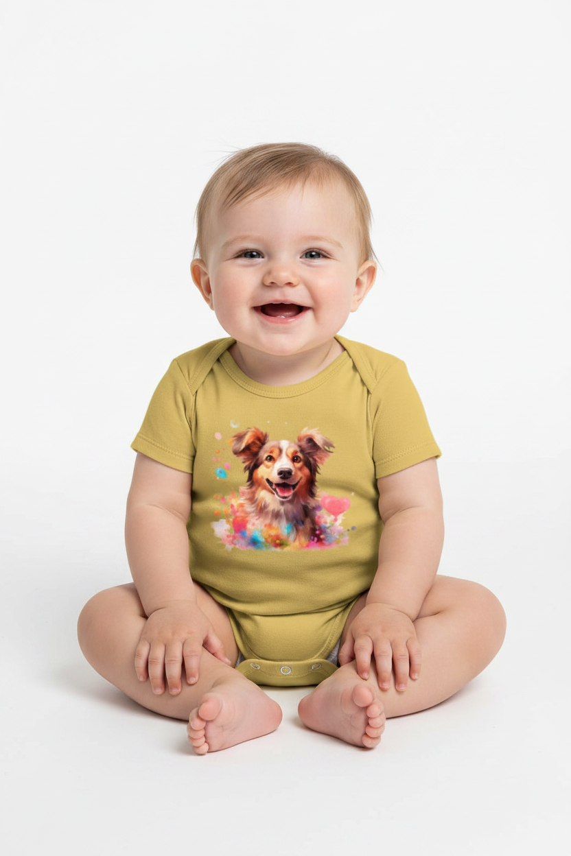 Cute Watercolor Dog Baby Onesie | Soft Cotton Baby Bodysuit | Puppy Print Romper