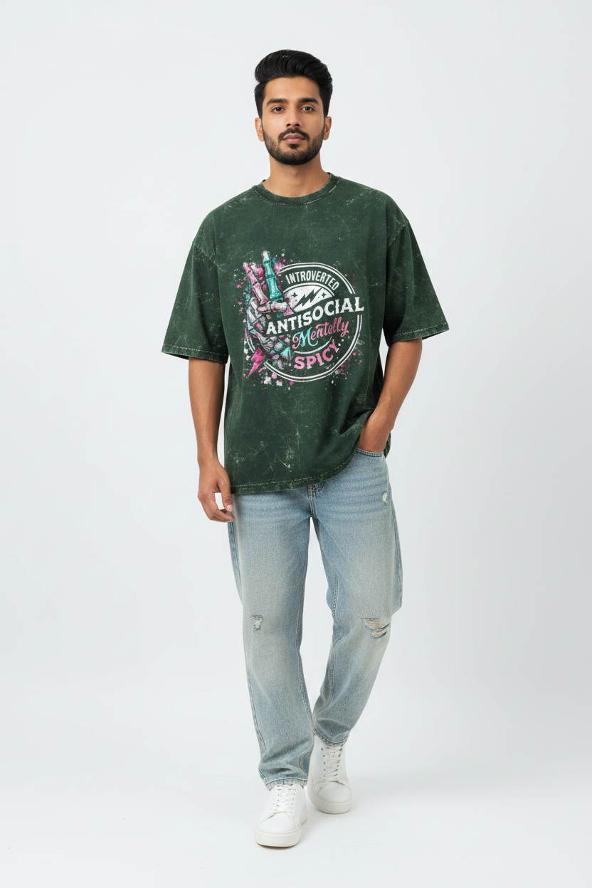 Acid Wash Oversized Graphic T-Shirt for Men | Introverted Antisocial Print | Premium Acrylic | Made in India