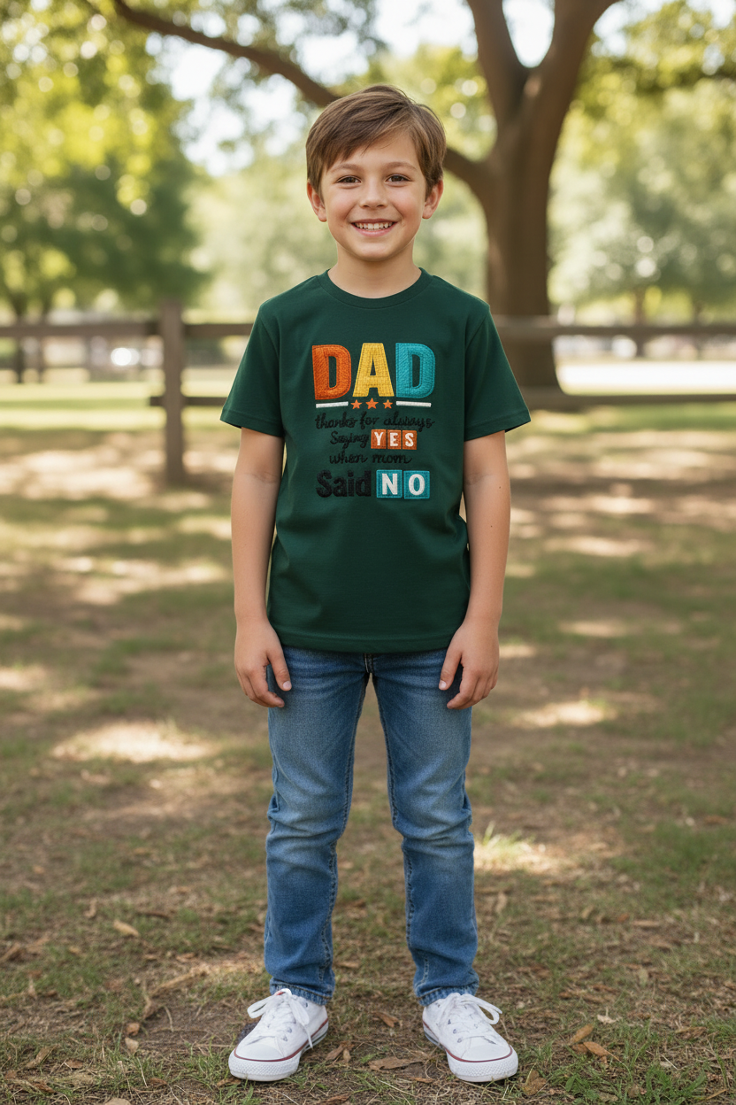 Kids "Dad Thanks for Always Saying Yes" Printed Half Sleeve Cotton T-Shirt | White | Made in India