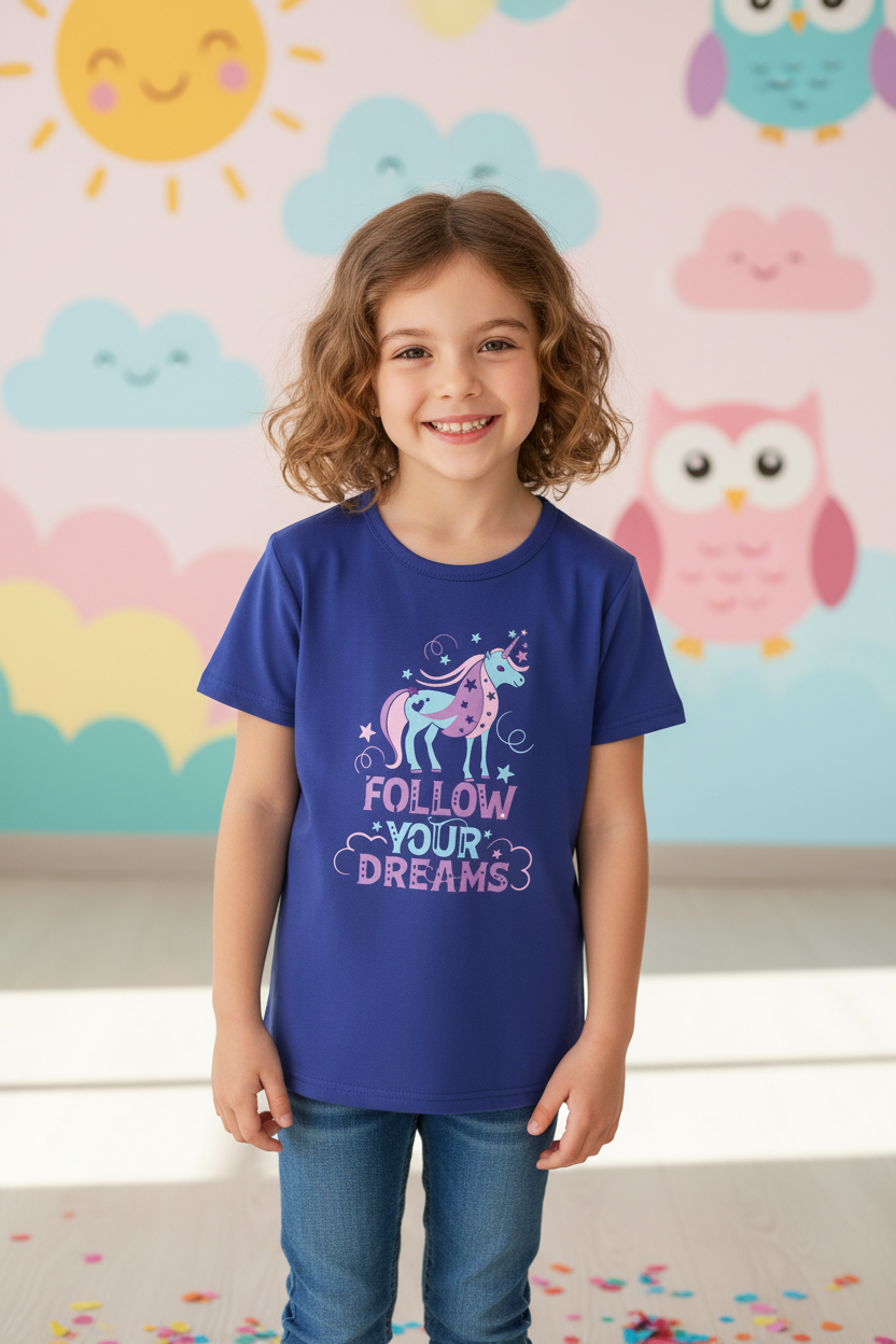 Follow Your Dreams Unicorn Kids Half Sleeve Cotton T-Shirt | Cute Girls Graphic Tee