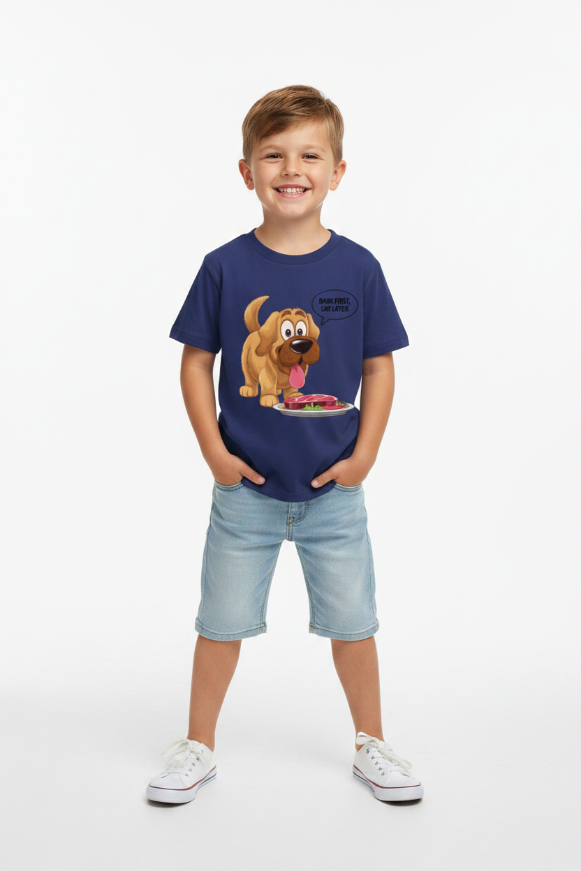 Funny Dog Grafic Printed Kids T-Shirt| Bark First Eat Later| Premium Crew Neck Tee|