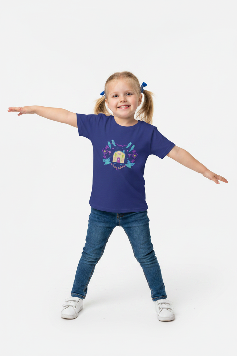 Cute Bird & Floral House Graphic Kids T-Shirt | Soft Cotton Girls Tee