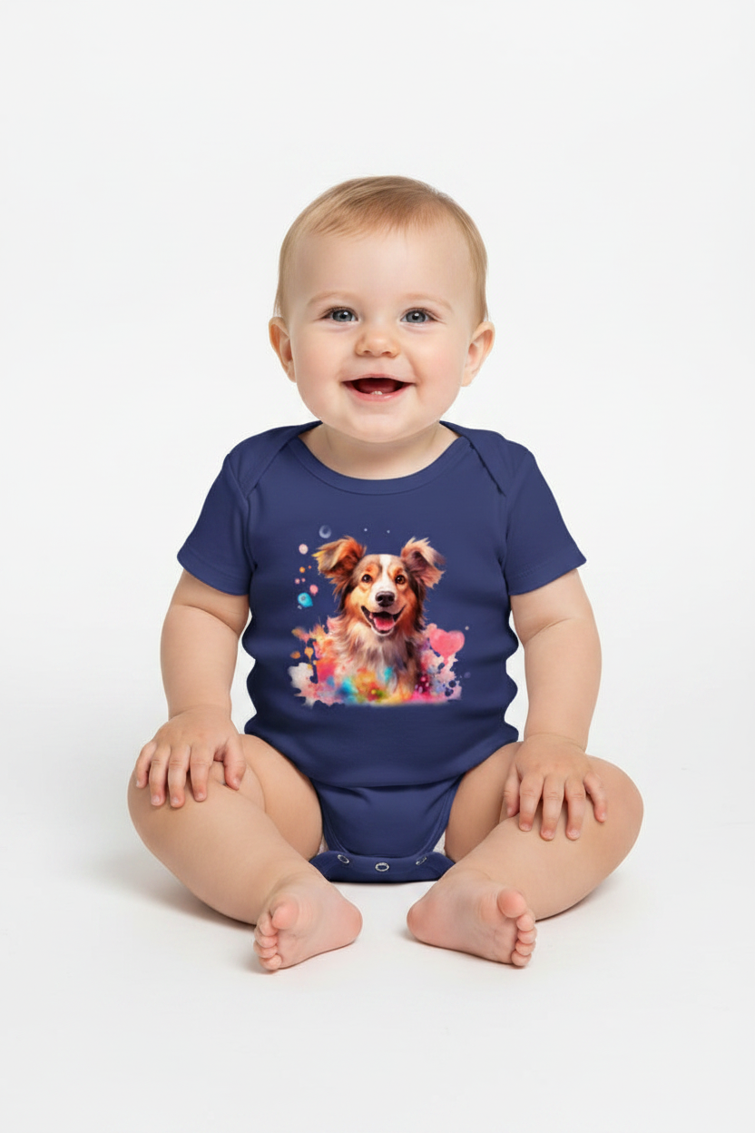 Cute Watercolor Dog Baby Onesie | Soft Cotton Baby Bodysuit | Puppy Print Romper