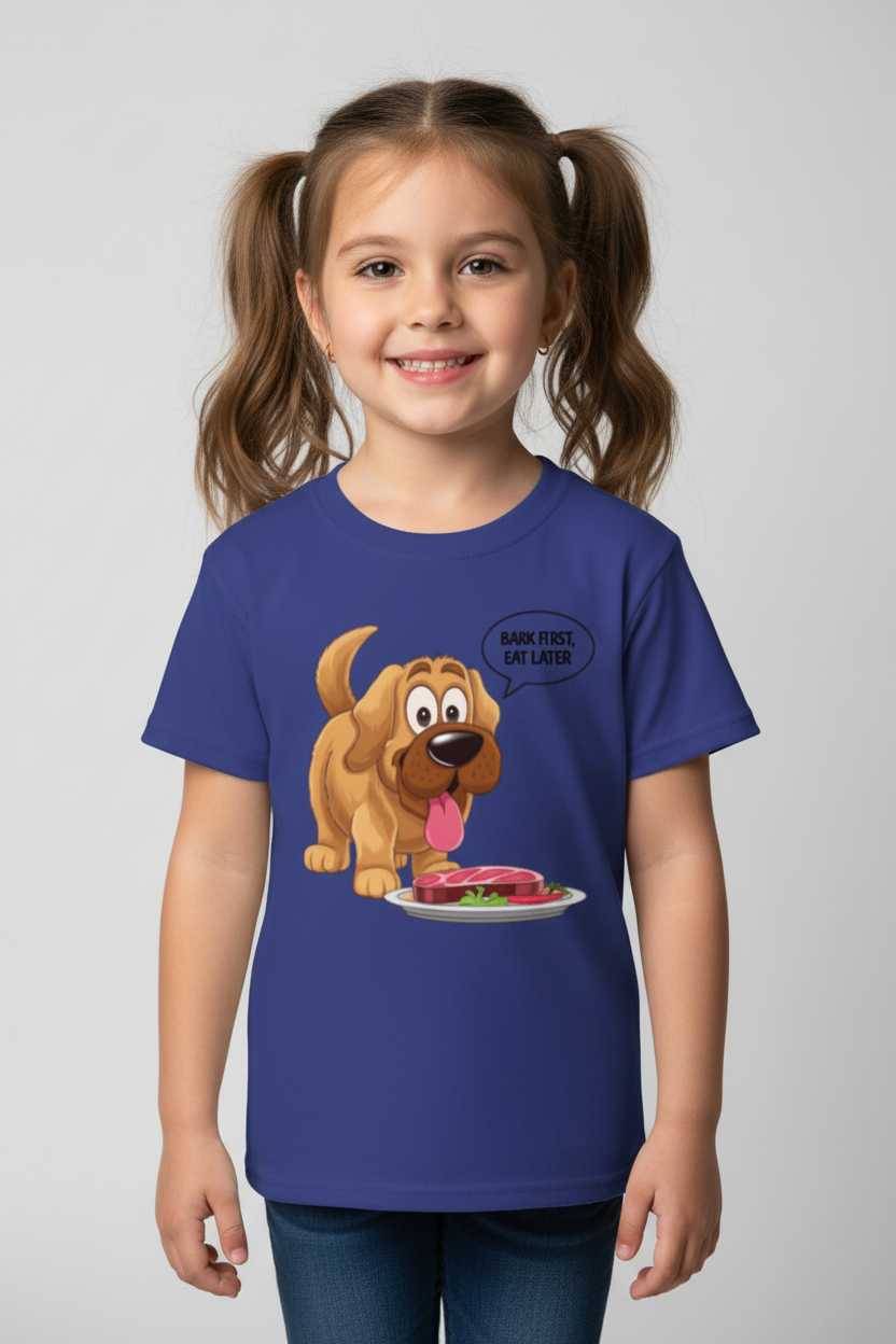 Bark First, Eat Later Kids Graphic T-Shirt | Cute Funny Dog Print | Half Sleeve Cotton Tee